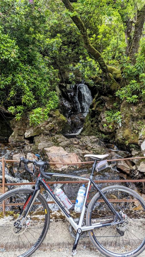 My gravel road bike leaning against a tree beside Loch Riddon