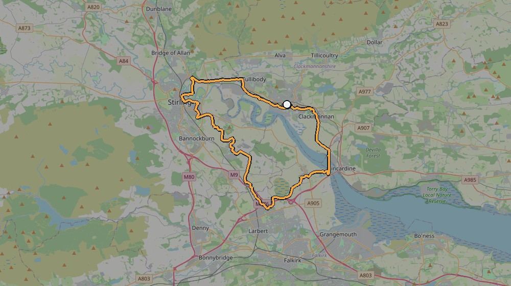Real GPS route map of the Bannockburn loop from Sauchie, out through Bannockburn and back along the River Forth