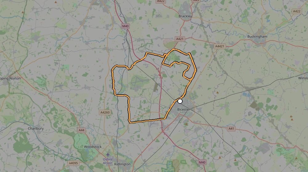 Real GPS route map showing the Bicester ride, April 2013