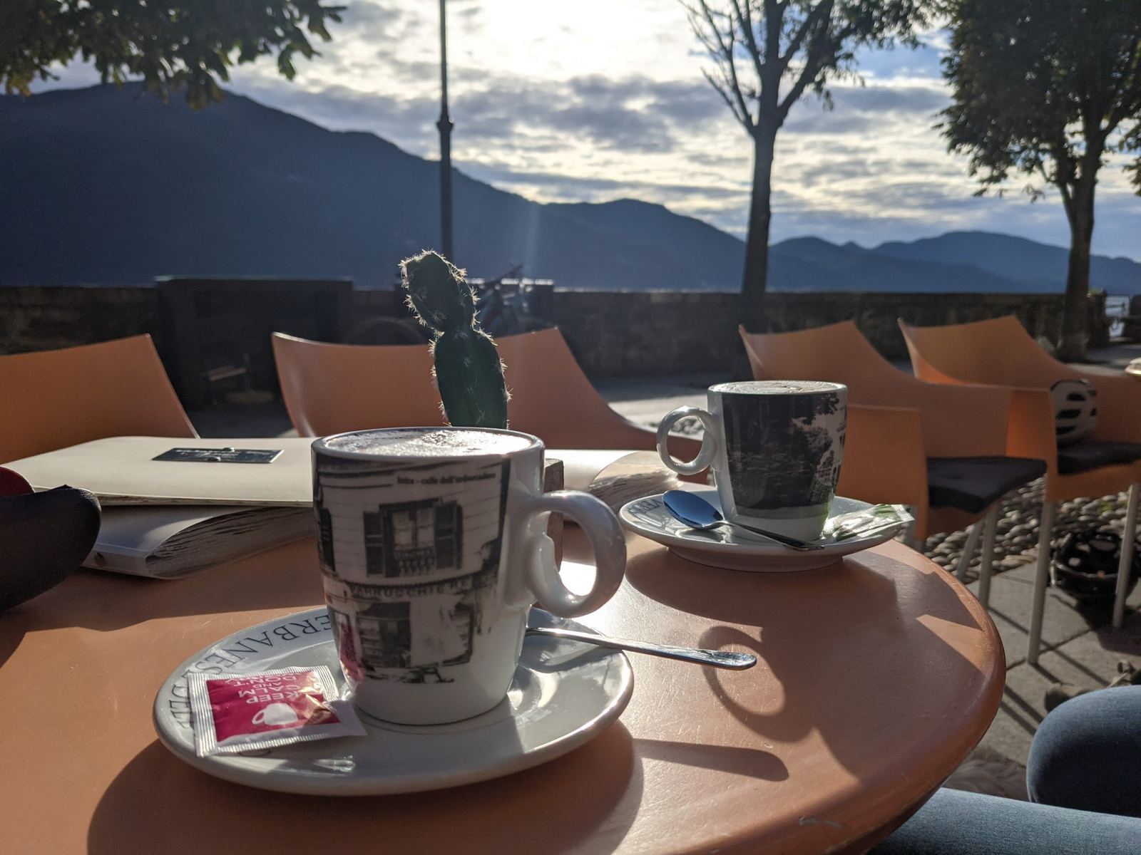 A cappuccino on a table at a lakeside café in the morning