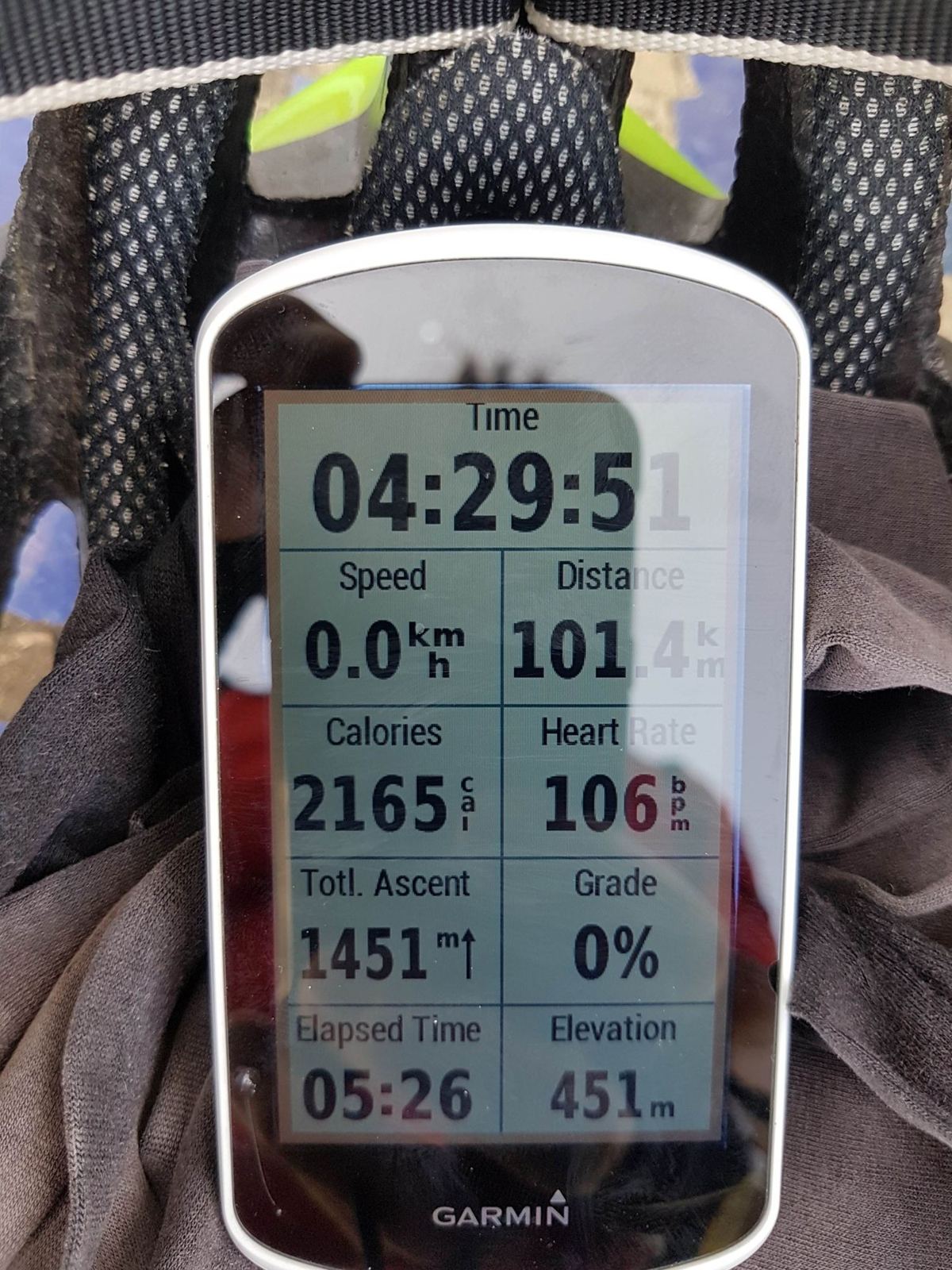 A Garmin bike computer showing 4 hours 29 minutes, 101.4km, 2,165 calories and 1,451m of ascent