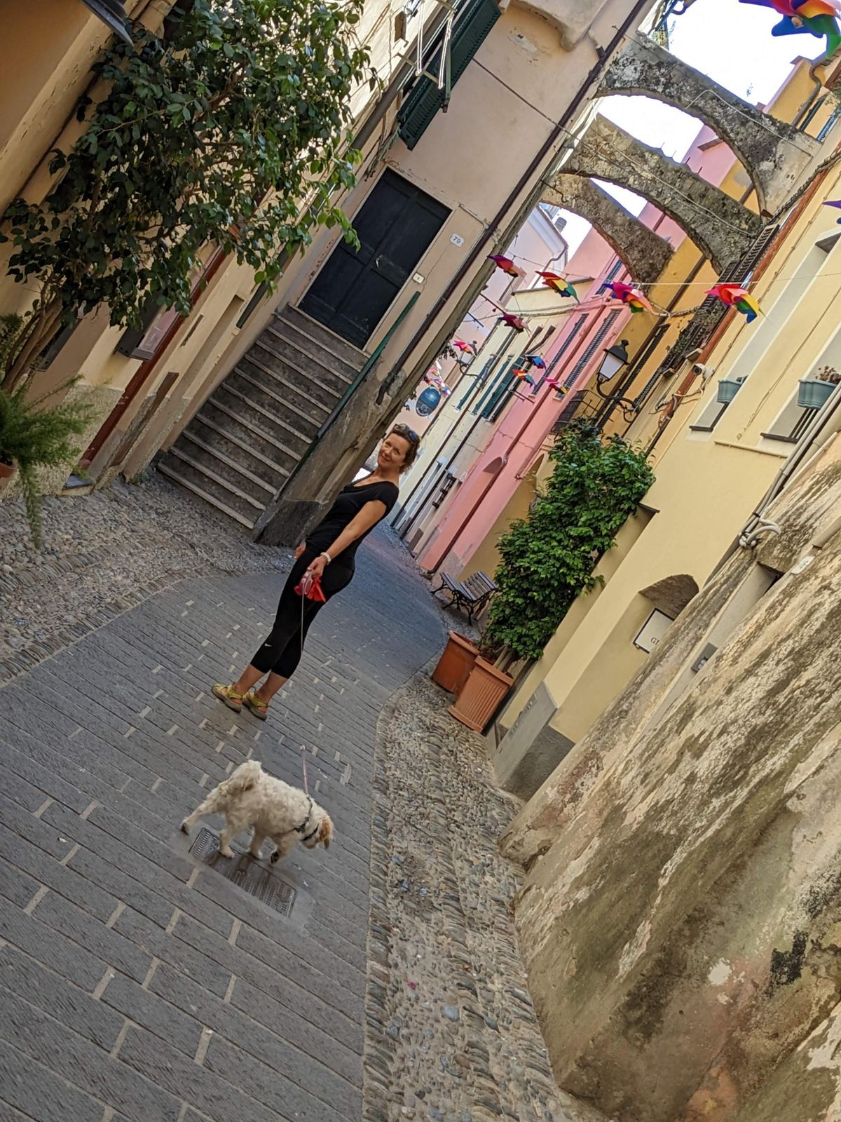A narrow lane between tall pastel houses in Santo Stefano al Mare