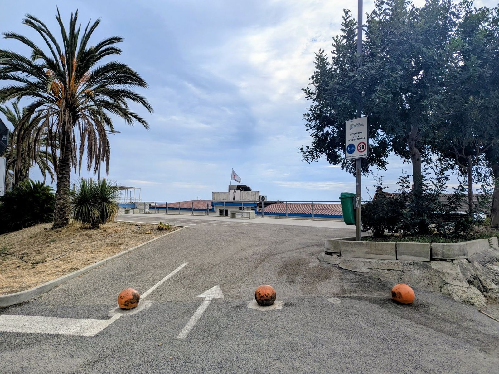 Palm trees and a curving cycle path by the sea at Ospedaletti
