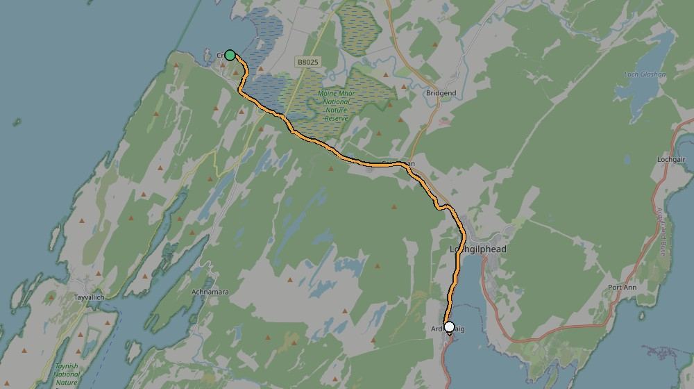 Real GPS route map showing the Crinan Canal towpath from Crinan to Ardrishaig