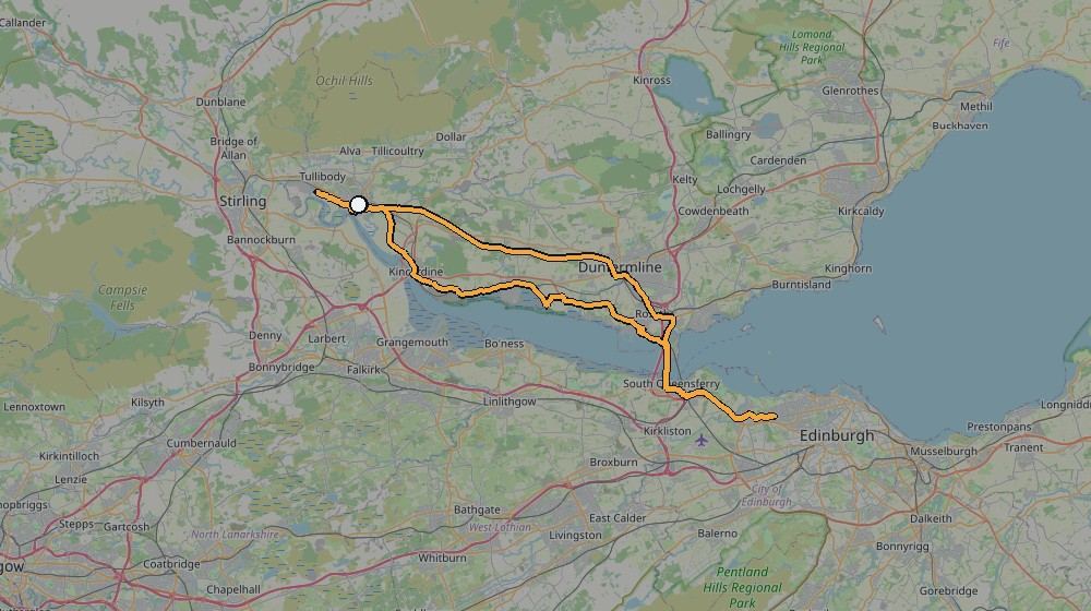 Real GPS route map of the 23 August 2025 ride from Alloa towards Edinburgh via Fife