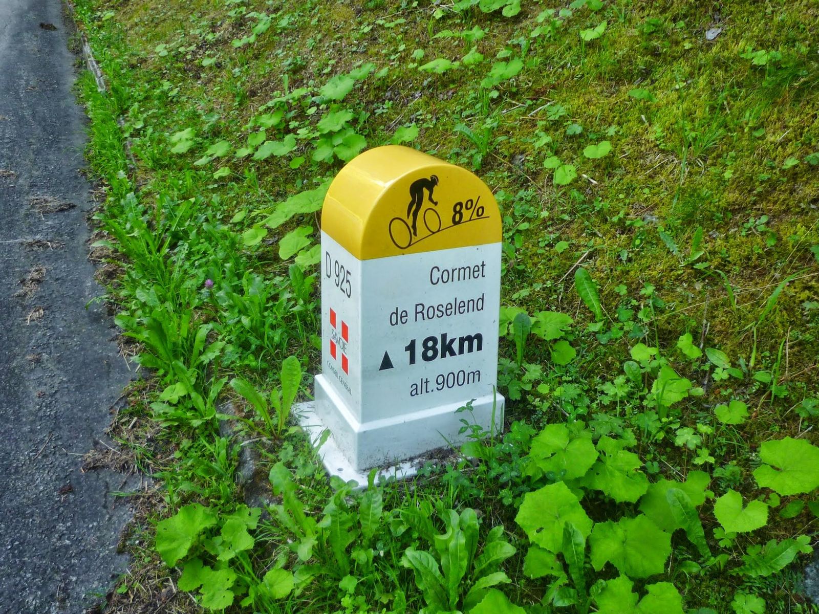 A Cormet de Roselend kilometre marker: 18km to go, 8%