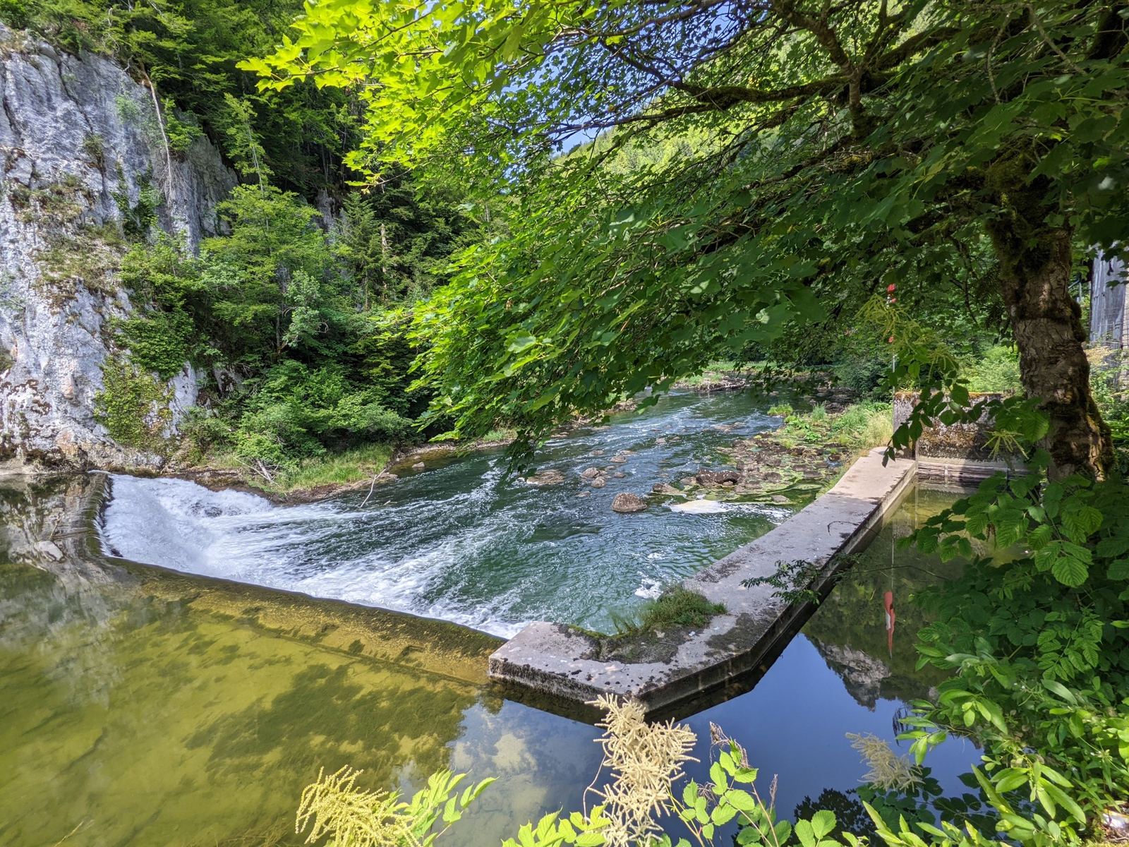 A small weir on the Doubs with water spilling over, under overhanging trees and a rock face