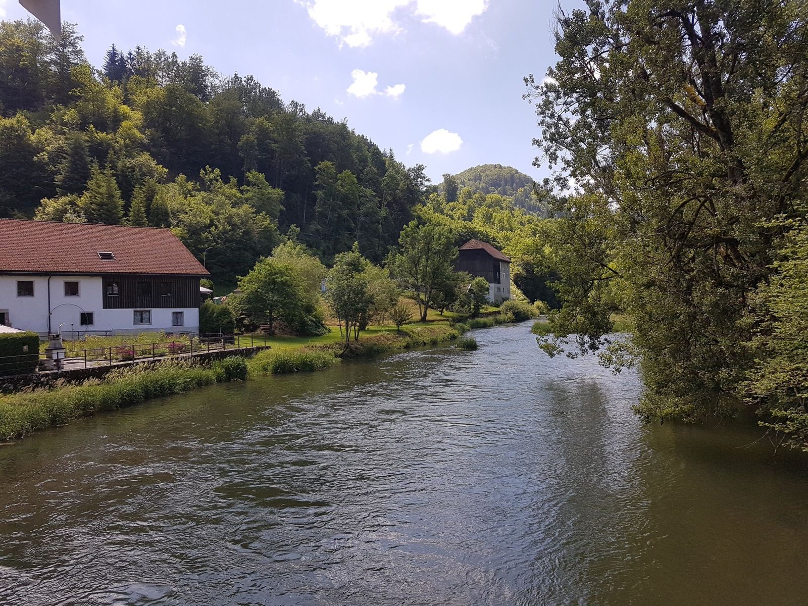 The Doubs flowing past white houses at Goumois below wooded hills