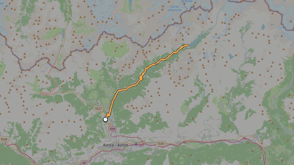 GPS route map of the ride from Gignod up the Valpelline valley past Bionaz to the Place Moulin reservoir and back