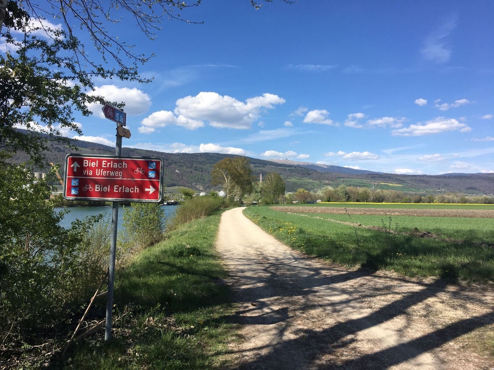 A red cycle-route sign pointing to Biel and Erlach beside a gravel path along the water