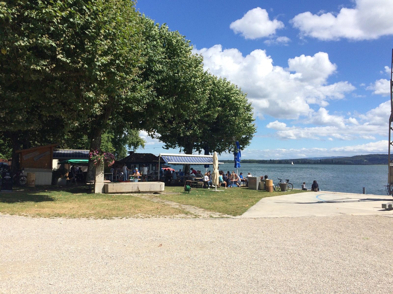 The lakeside promenade at La Neuveville under plane trees on a sunny day