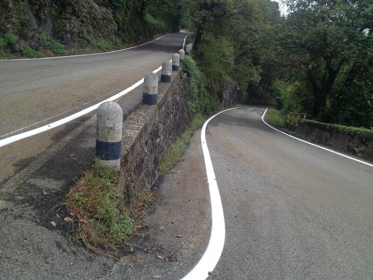A winding road through the woods with a stone wall and bollards on a bend