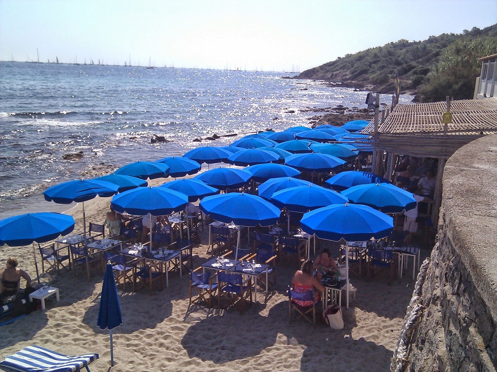 Rows of blue parasols on a beach restaurant terrace beside the sea