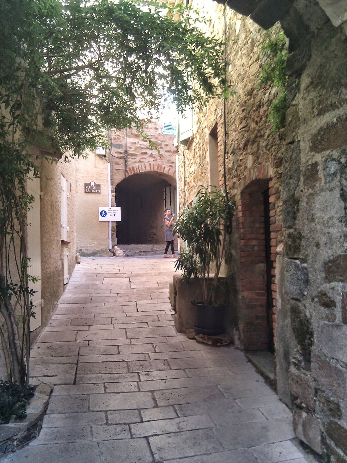 A narrow stone lane in an old Provençal village with an arch at the end