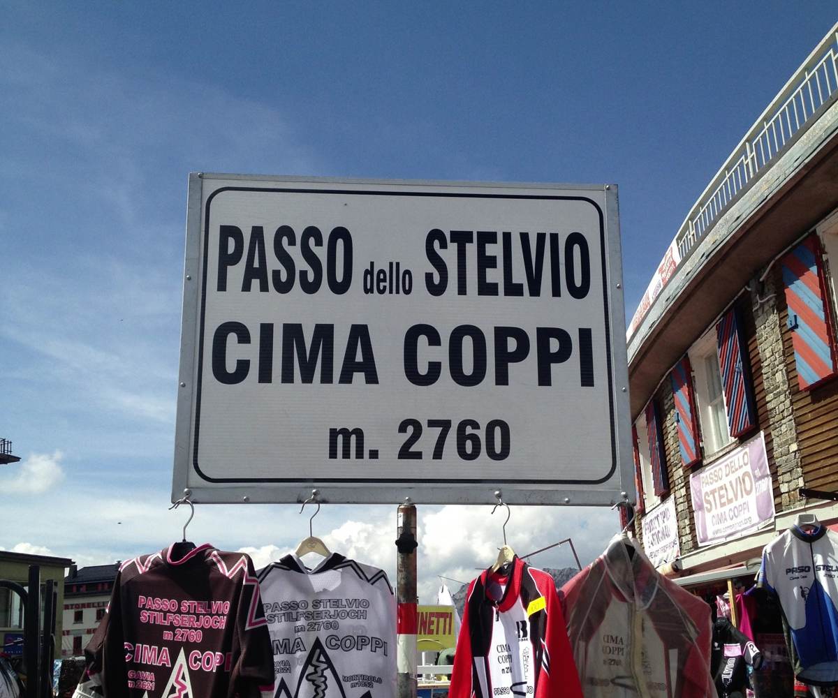 The sign at the top of the Stelvio: Passo dello Stelvio, Cima Coppi, m. 2760
