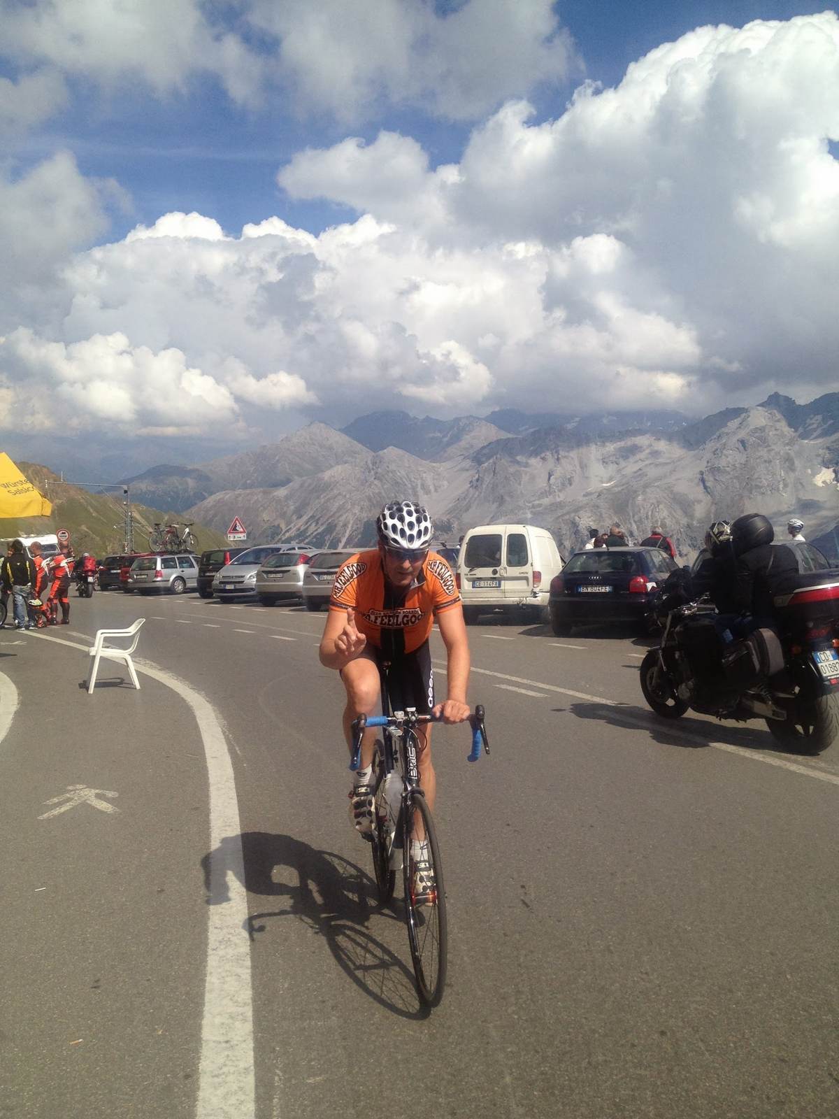 Me riding the road near the top of the Stelvio in cycling kit
