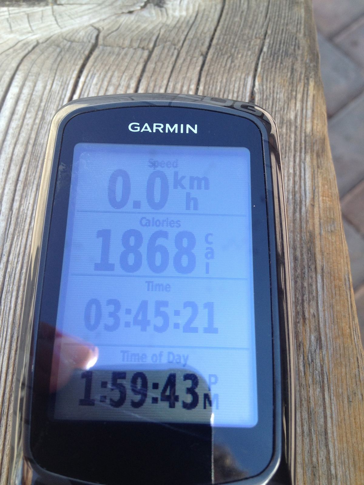 A Garmin bike computer showing 1868 calories and 3 hours 45 minutes elapsed time