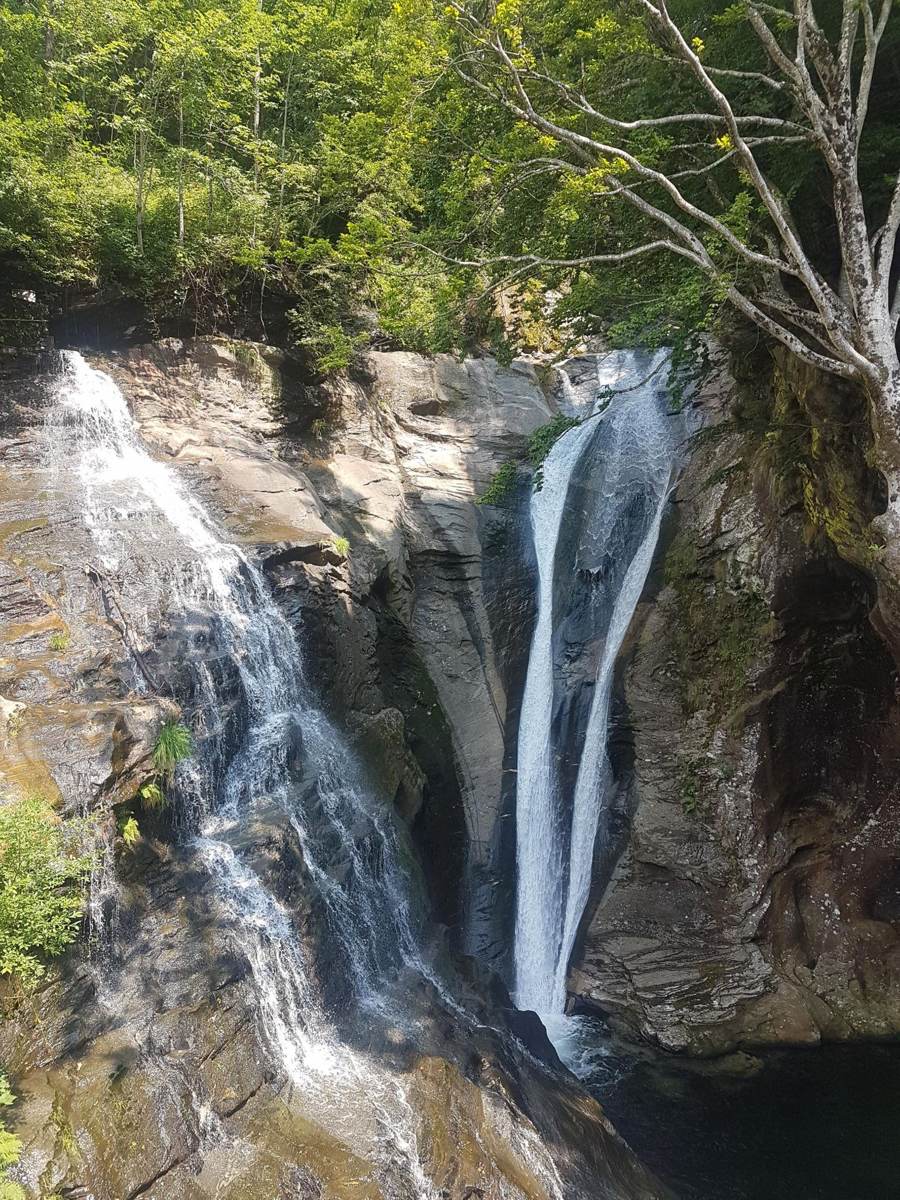 A tall waterfall pouring in two streams down a rock face above Sonogno