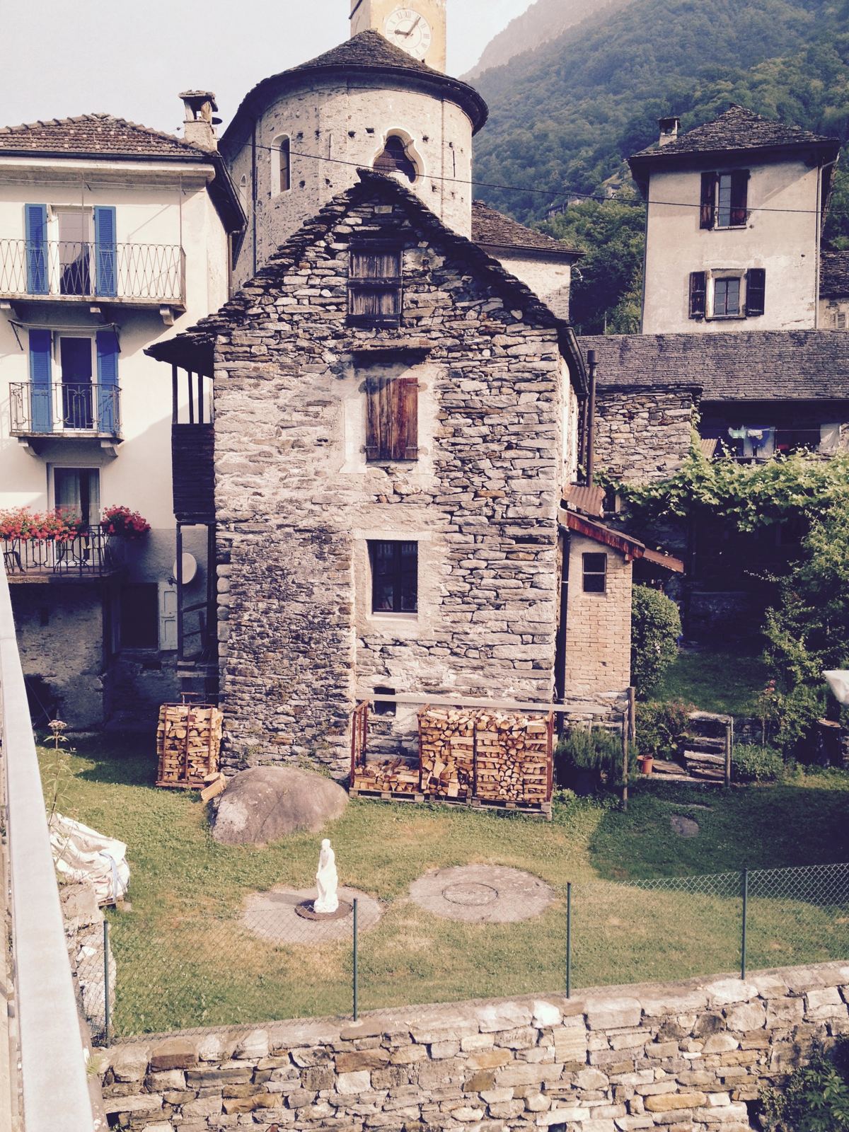A tall old stone tower house in the Verzasca valley