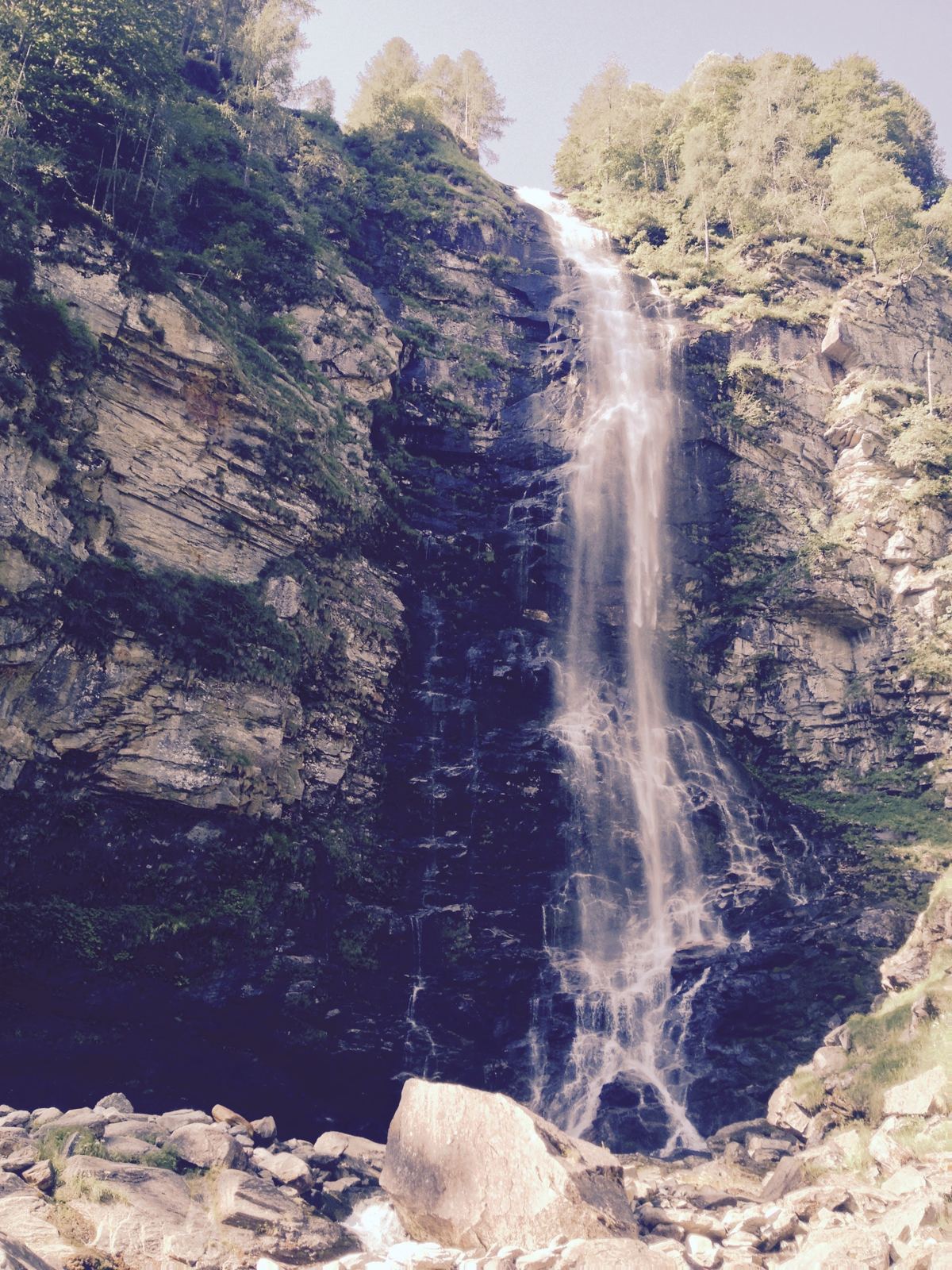The Froda waterfall dropping down a cliff above Sonogno