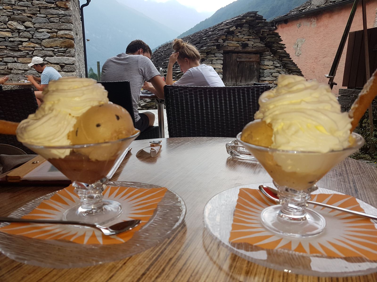 Ice creams at a café table in the Verzasca valley